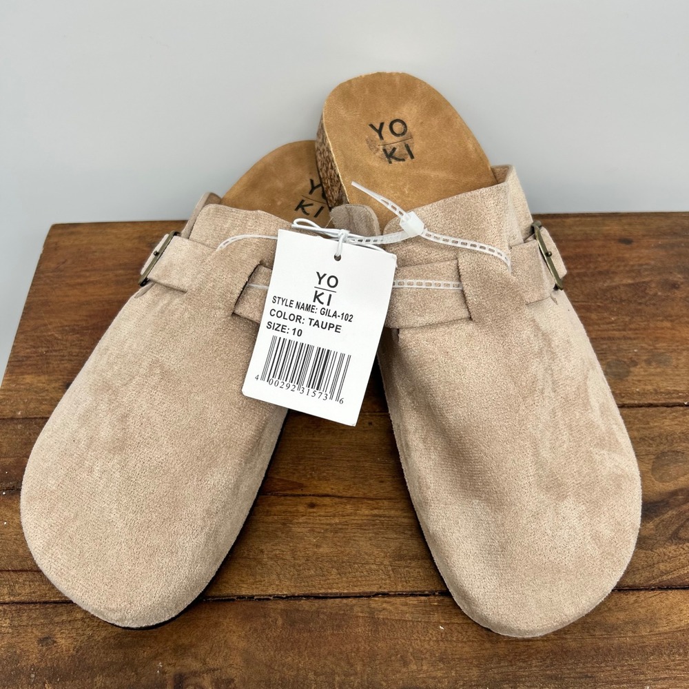 Yoki Gila-102 Womens‎ Taupe Faux Suede Cork Midsole Buckle Clog Mules Size 10